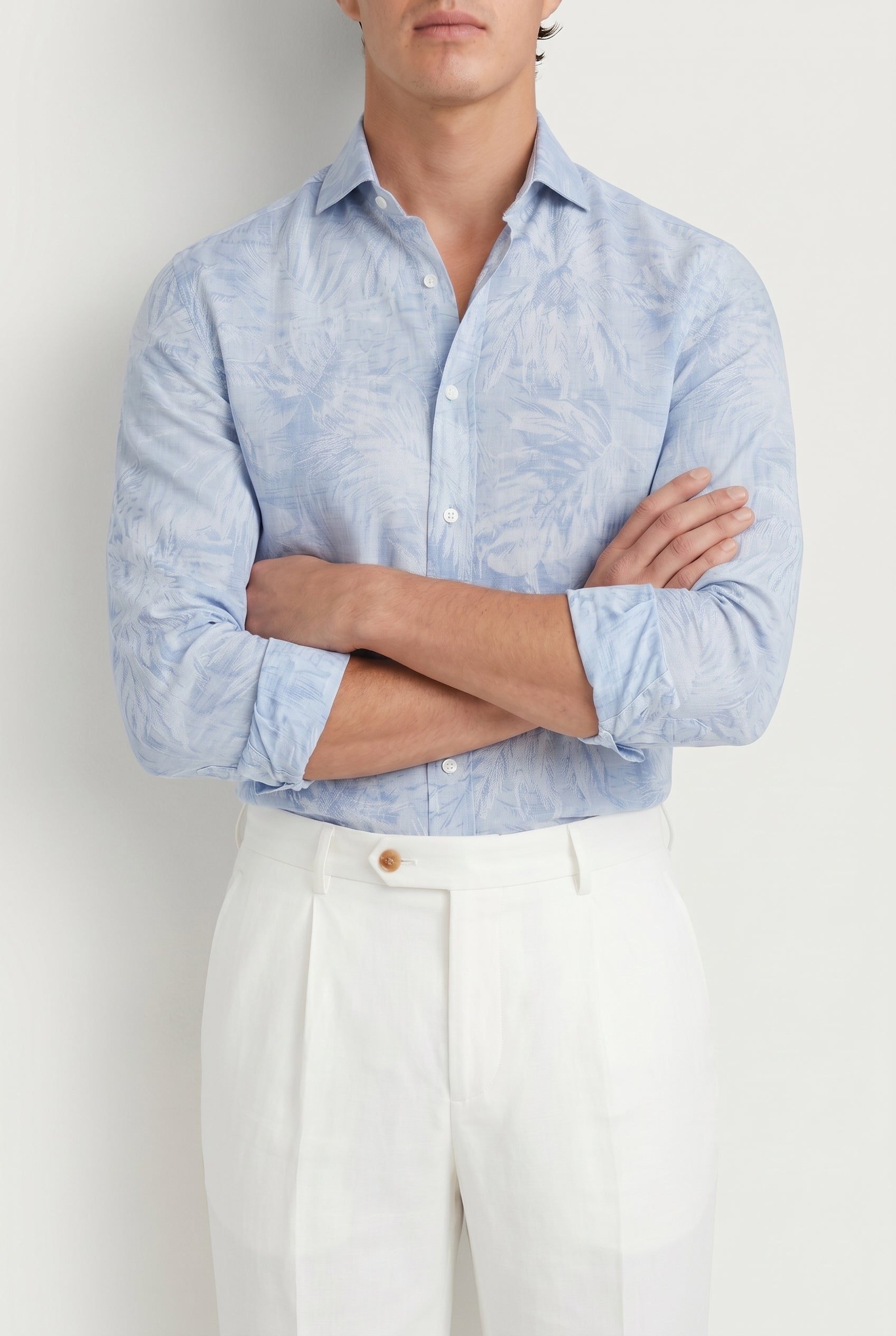 BRUNELLO CUCINELLI MEN'S LIGHT BLUE LINEN COTTON SHIRT