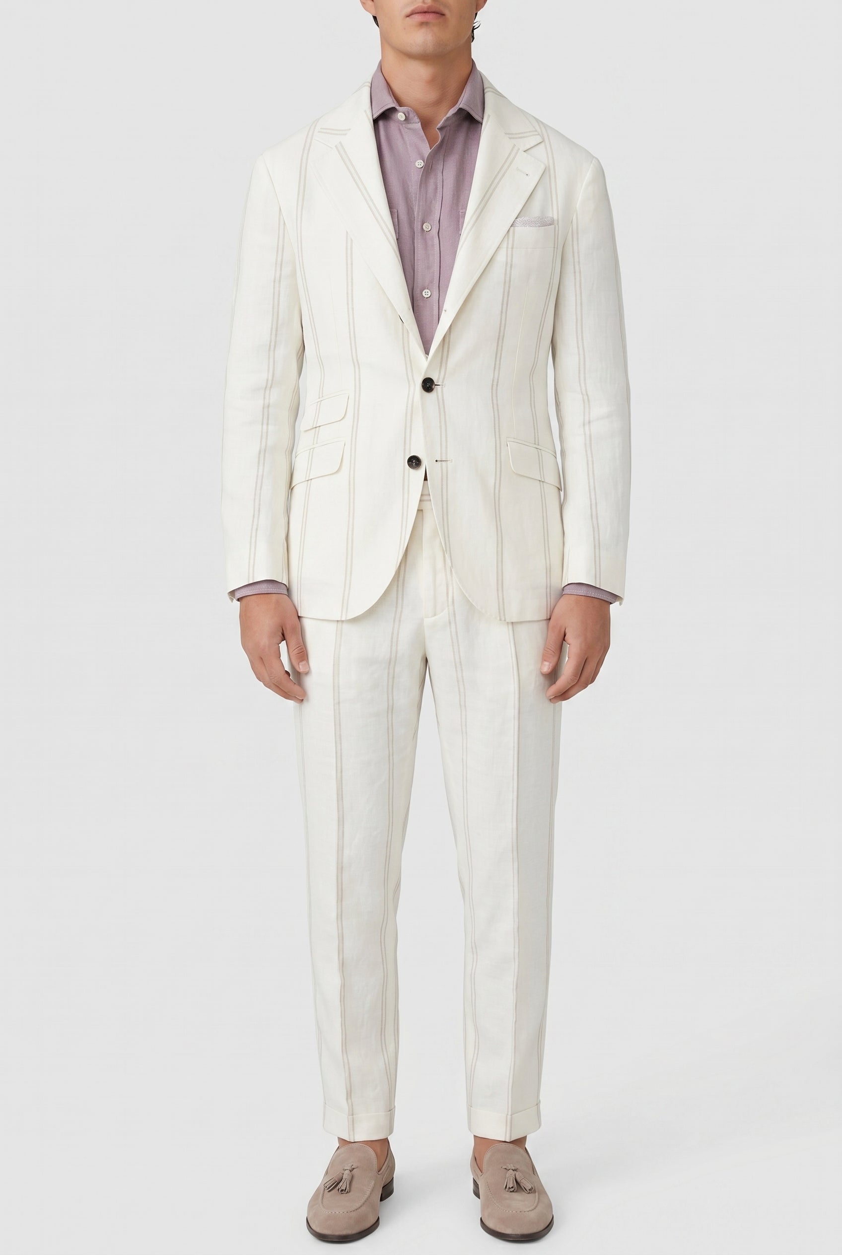 BRUNELLO CUCINELLI MEN'S IVORY LINEN WOOL BLEND SUIT