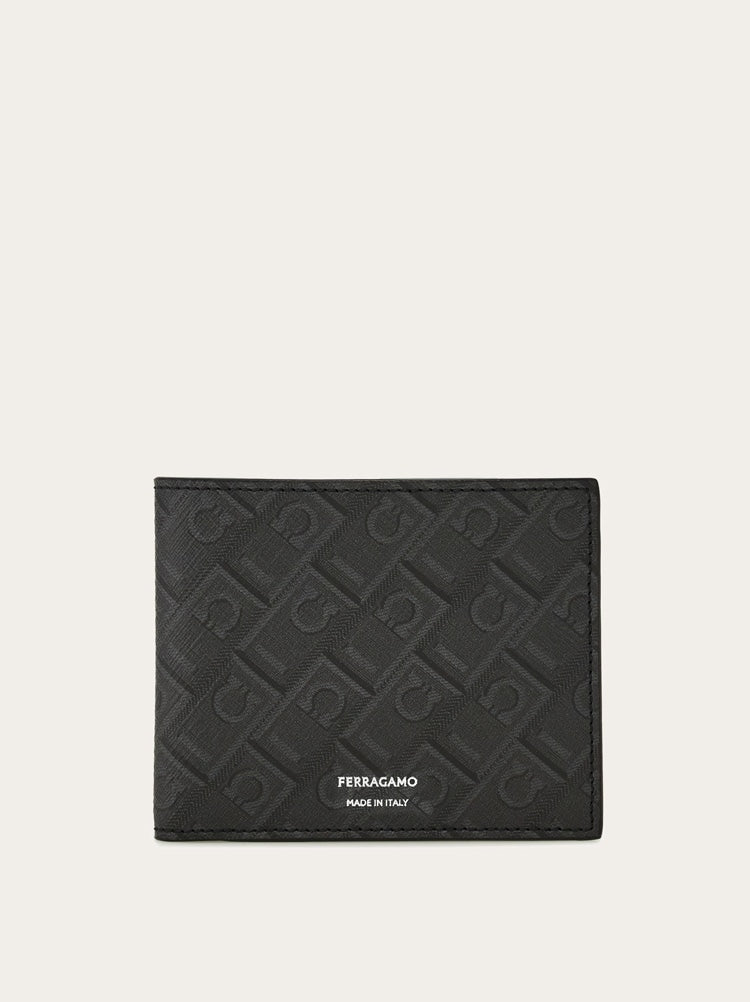 FERRAGAMO MEN'S BLACK EMBOSSED FABRIC WALLET
