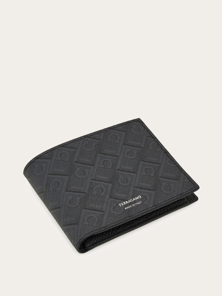 FERRAGAMO MEN'S BLACK EMBOSSED FABRIC WALLET