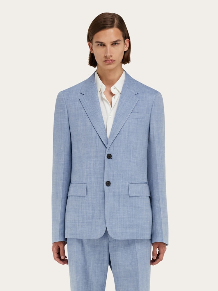 FERRAGAMO MEN'S LIGHT BLUE WOOL SILK JACKET