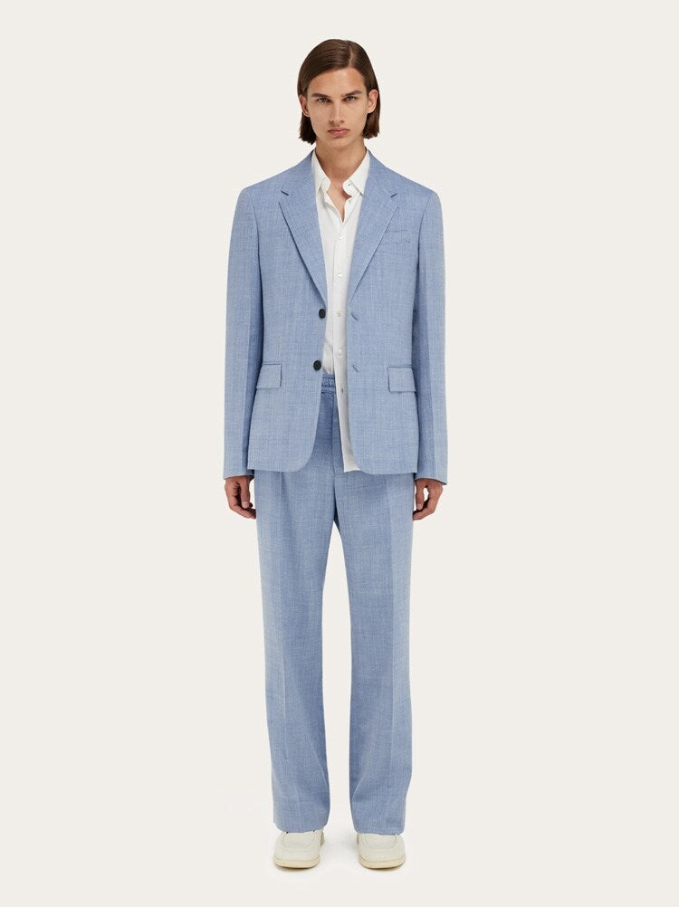 FERRAGAMO MEN'S LIGHT BLUE WOOL SILK JACKET
