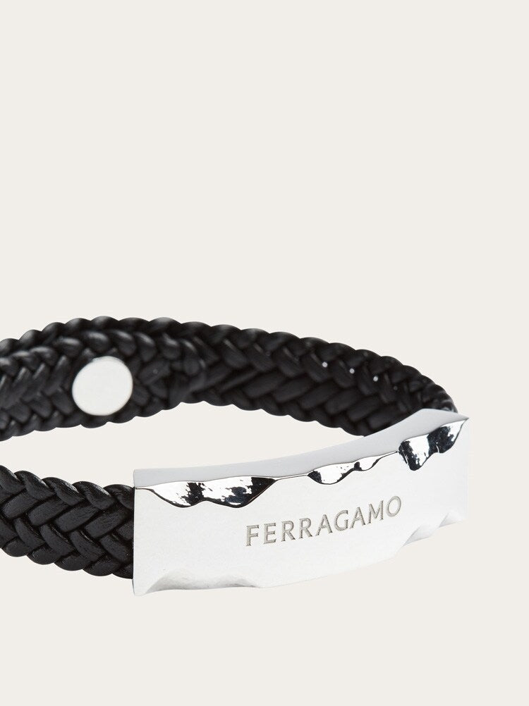 FERRAGAMO MEN'S BLACK LEATHER BRASS BRACELET