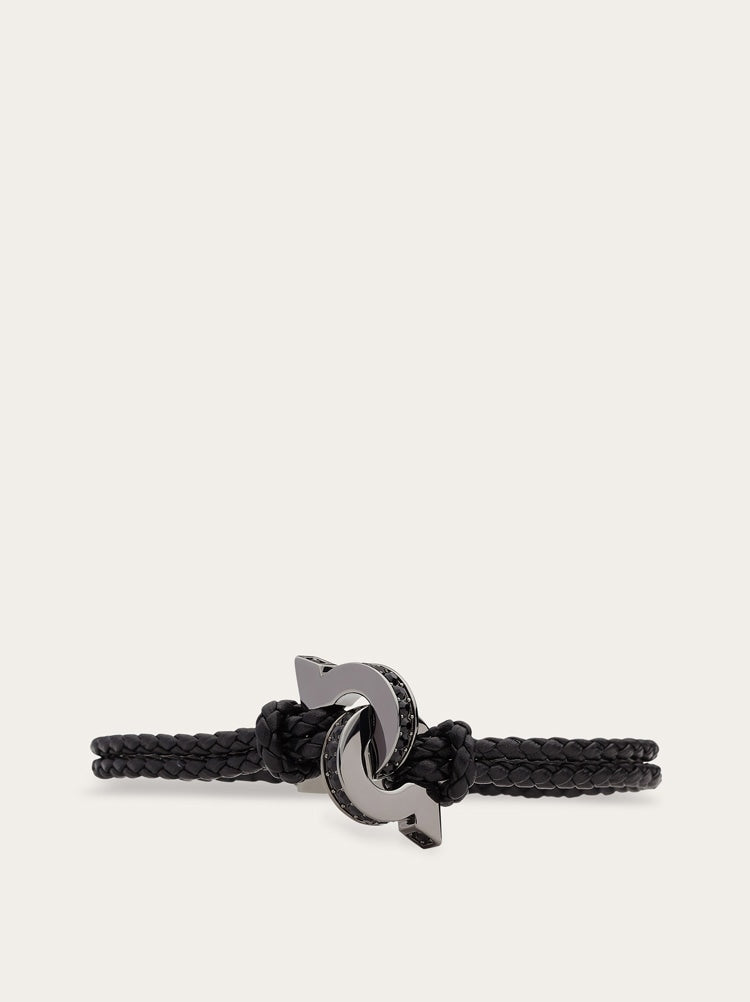 FERRAGAMO MEN'S BLACK BRAIDED LEATHER BRACELET