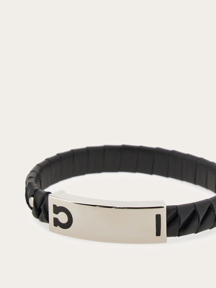 FERRAGAMO MEN'S BLACK LEATHER BRASS BRACELET