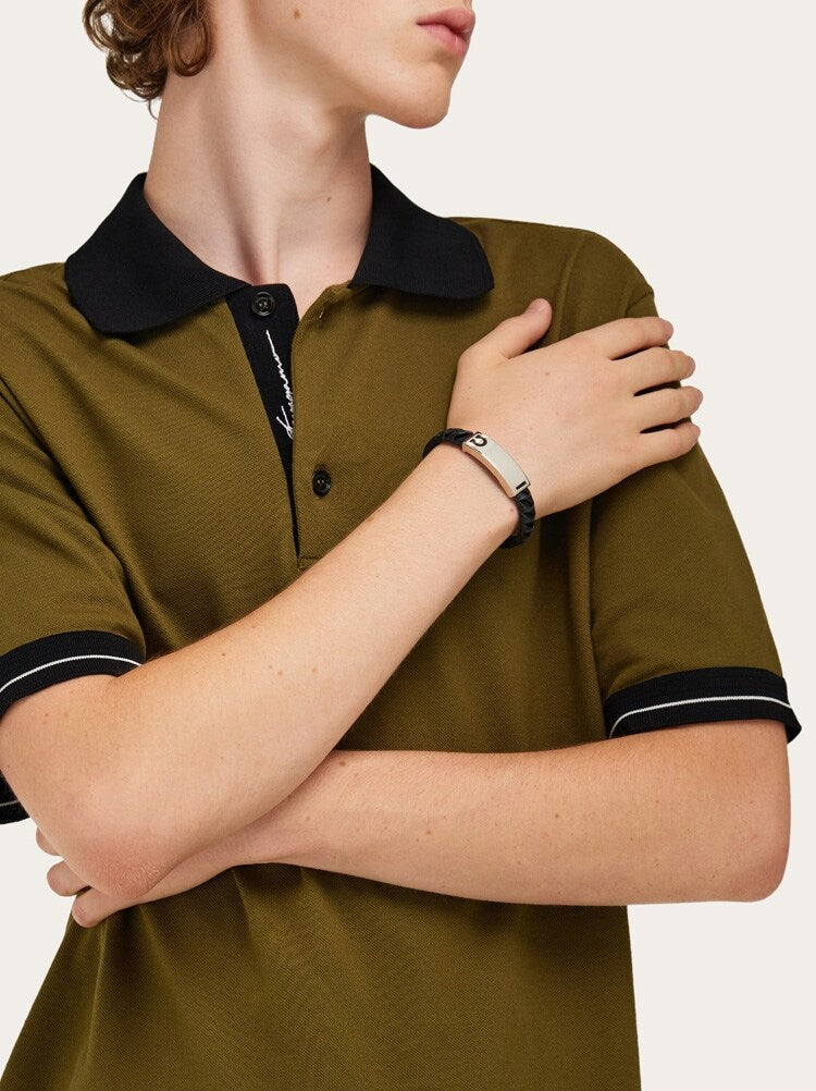 FERRAGAMO MEN'S BLACK LEATHER BRASS BRACELET