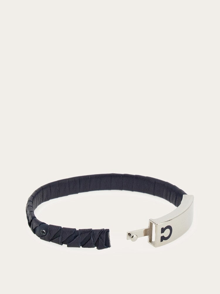 FERRAGAMO MEN'S BLACK LEATHER BRASS BRACELET