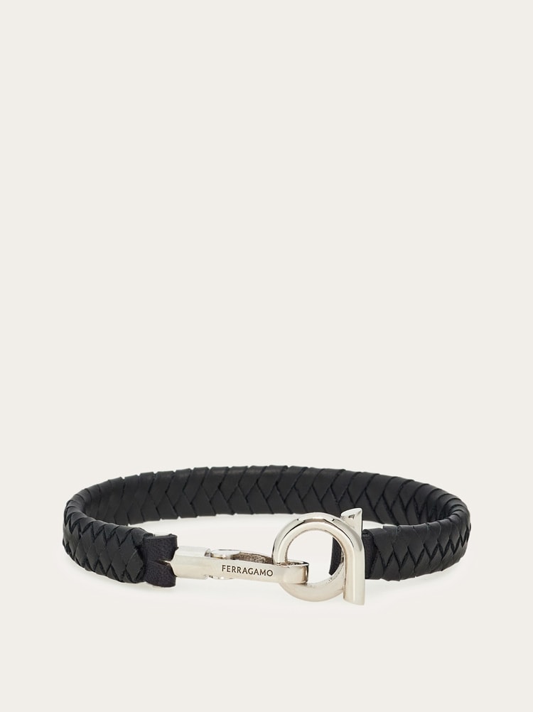 FERRAGAMO MEN'S BLACK LEATHER BRAIDED BRACELET