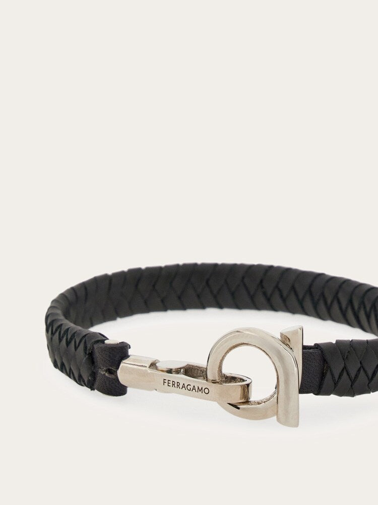 FERRAGAMO MEN'S BLACK LEATHER BRAIDED BRACELET