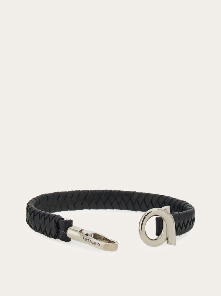 FERRAGAMO MEN'S BLACK LEATHER BRAIDED BRACELET