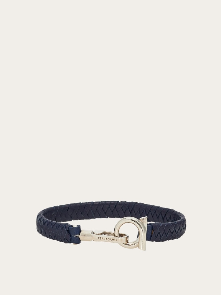 FERRAGAMO MEN'S NAVY BRAIDED LEATHER BRACELET