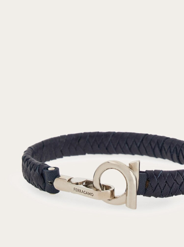 FERRAGAMO MEN'S NAVY BRAIDED LEATHER BRACELET