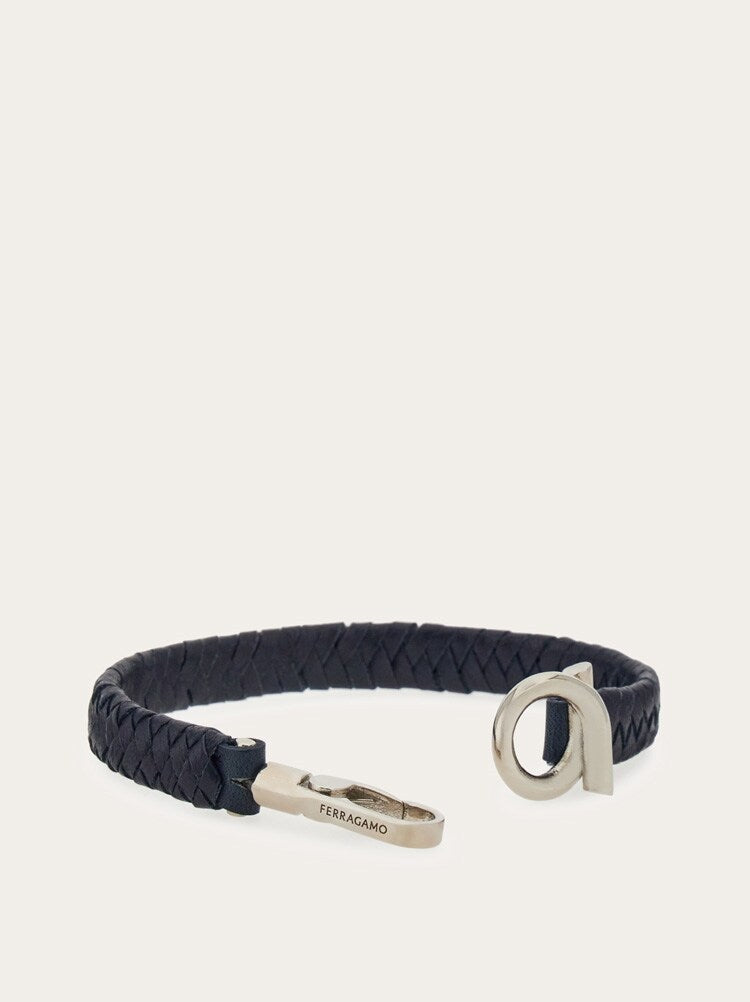 FERRAGAMO MEN'S NAVY BRAIDED LEATHER BRACELET