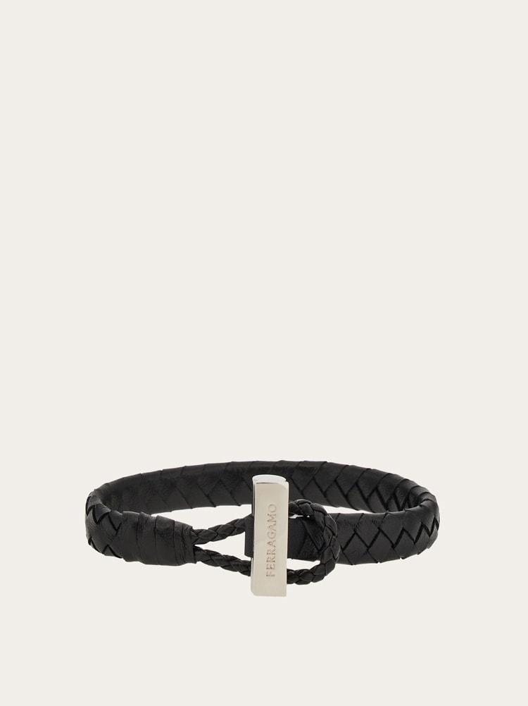 FERRAGAMO MEN'S BLACK BRAIDED LEATHER BRACELET