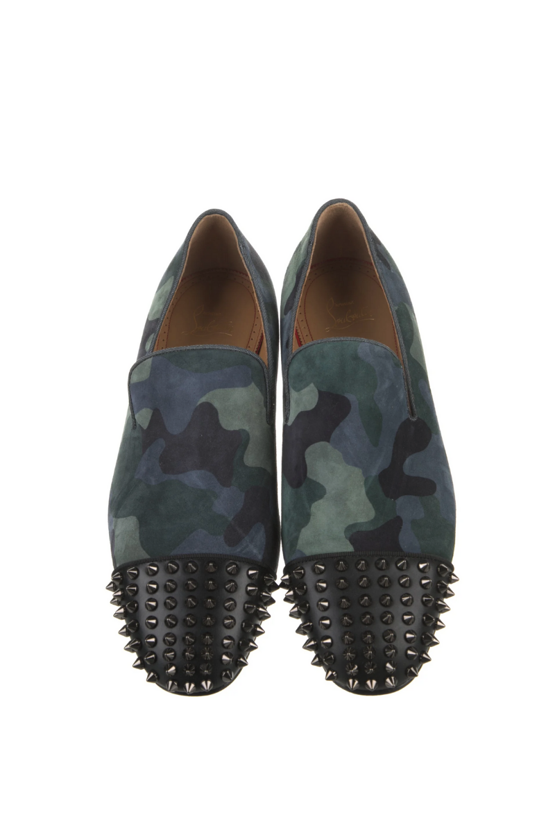 Christian Louboutin Suede Mens Spooky Spiked Flat Loafers Green Blue