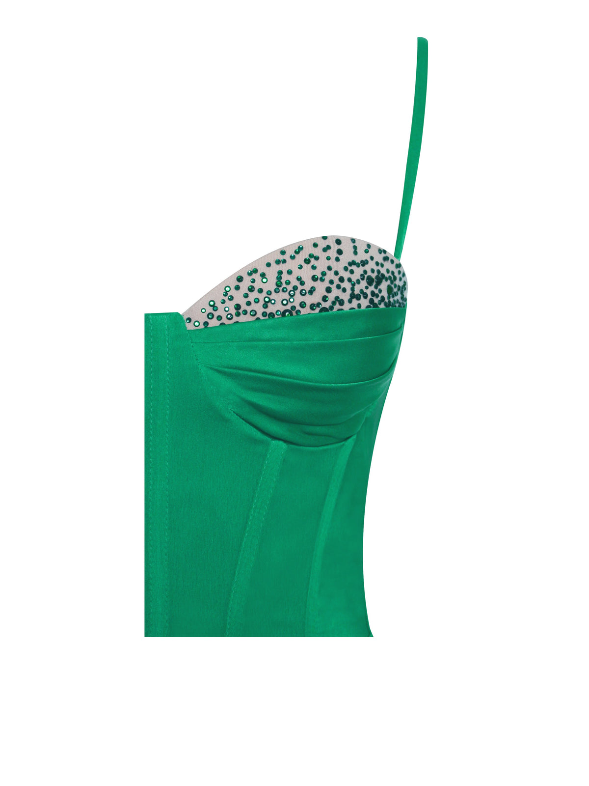 Vanity Green Satin High Slit Draping Corset Gown With Crystals (Archive Sale)