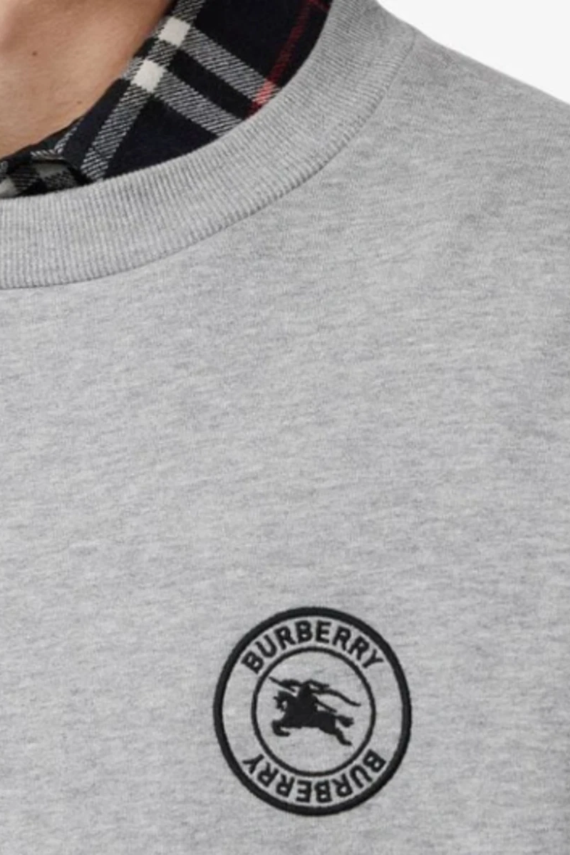 Burberry Men's Grey Fleece Back Cotton Blend Logo Embroidered Sweatshirt