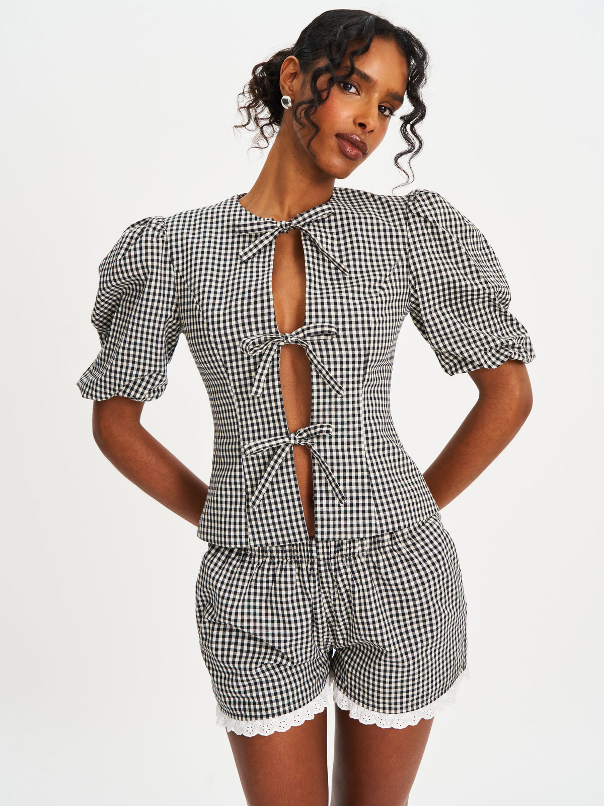Qusayla Black Gingham Cotton Bubble Sleeve Bowtie Top