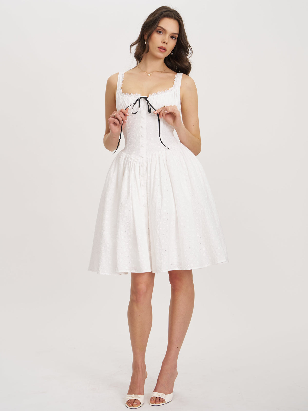 Madison White Cotton Eyelet Square Neck Midi Dress