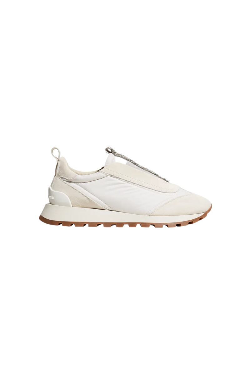 Brunello Cucinelli Mixed Leather Slip-On Runner Sneakers-White