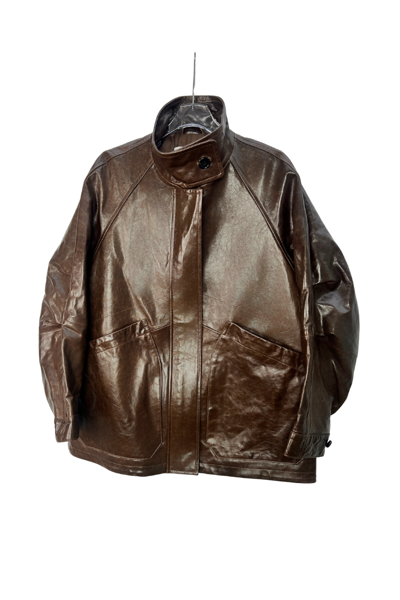 Max Simple Oversize Leather Jacket_Brown