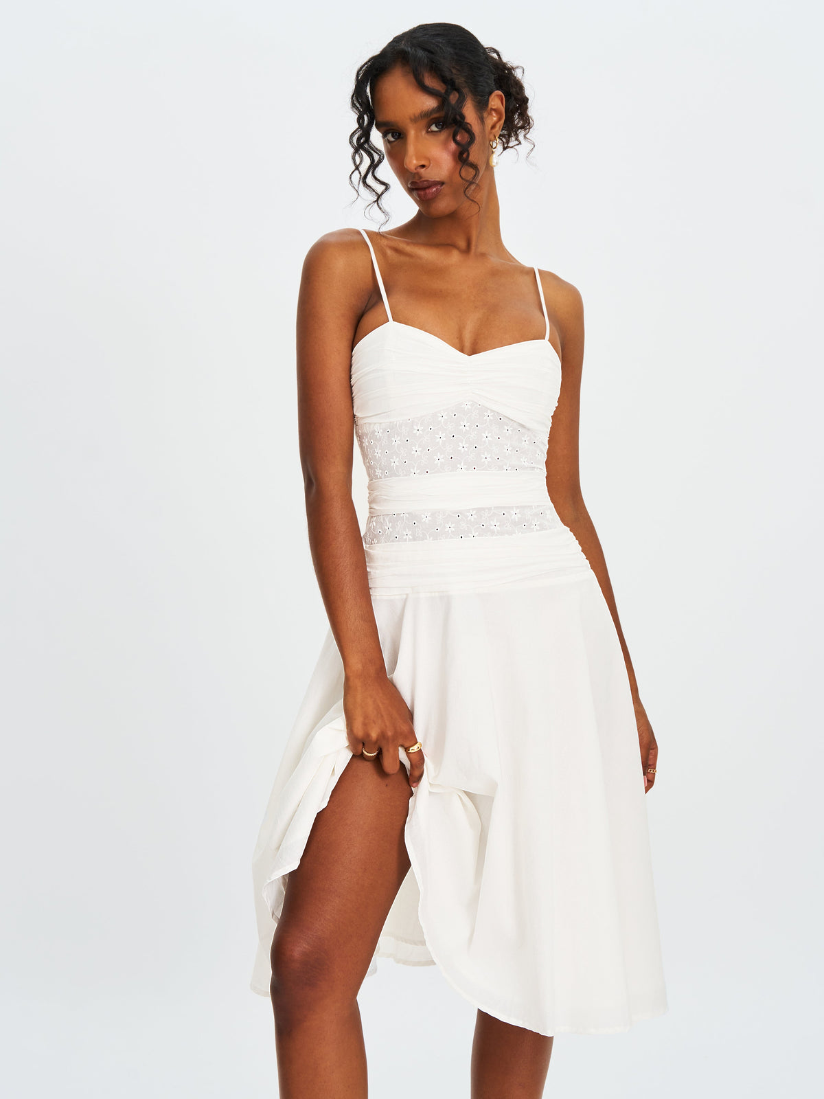 Maelis White Cotton Eyelet Drop Waist Midi Dress
