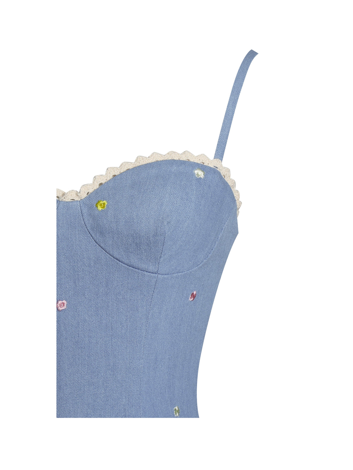 Zadie Cotton Denim Drop Waist Embroidery Flower Midi Dress (Archive Sale)