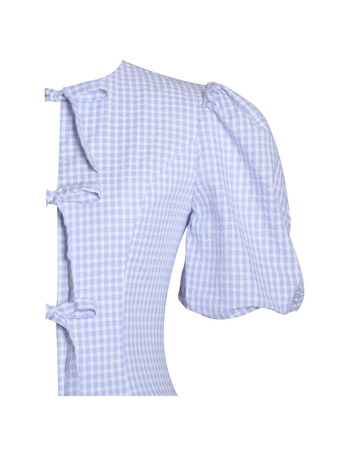Qusayla Baby Blue Gingham Cotton Bubble Sleeve Bowtie Top