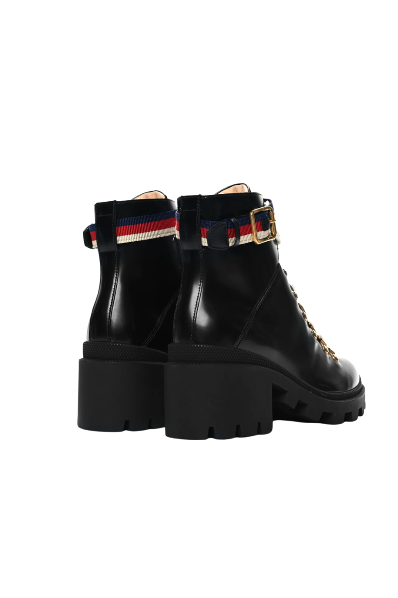 Gucci Calfskin Sylvie Web Lace Up Combat Boots