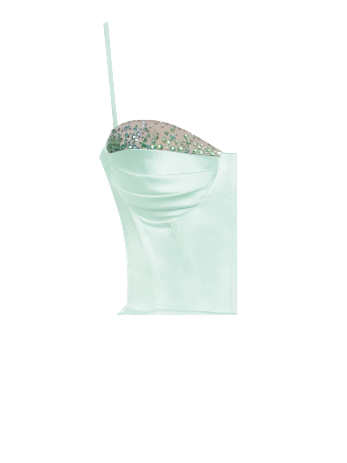 Vanity Mint Satin High Slit Draping Corset Gown With Crystals (Archive Sale)