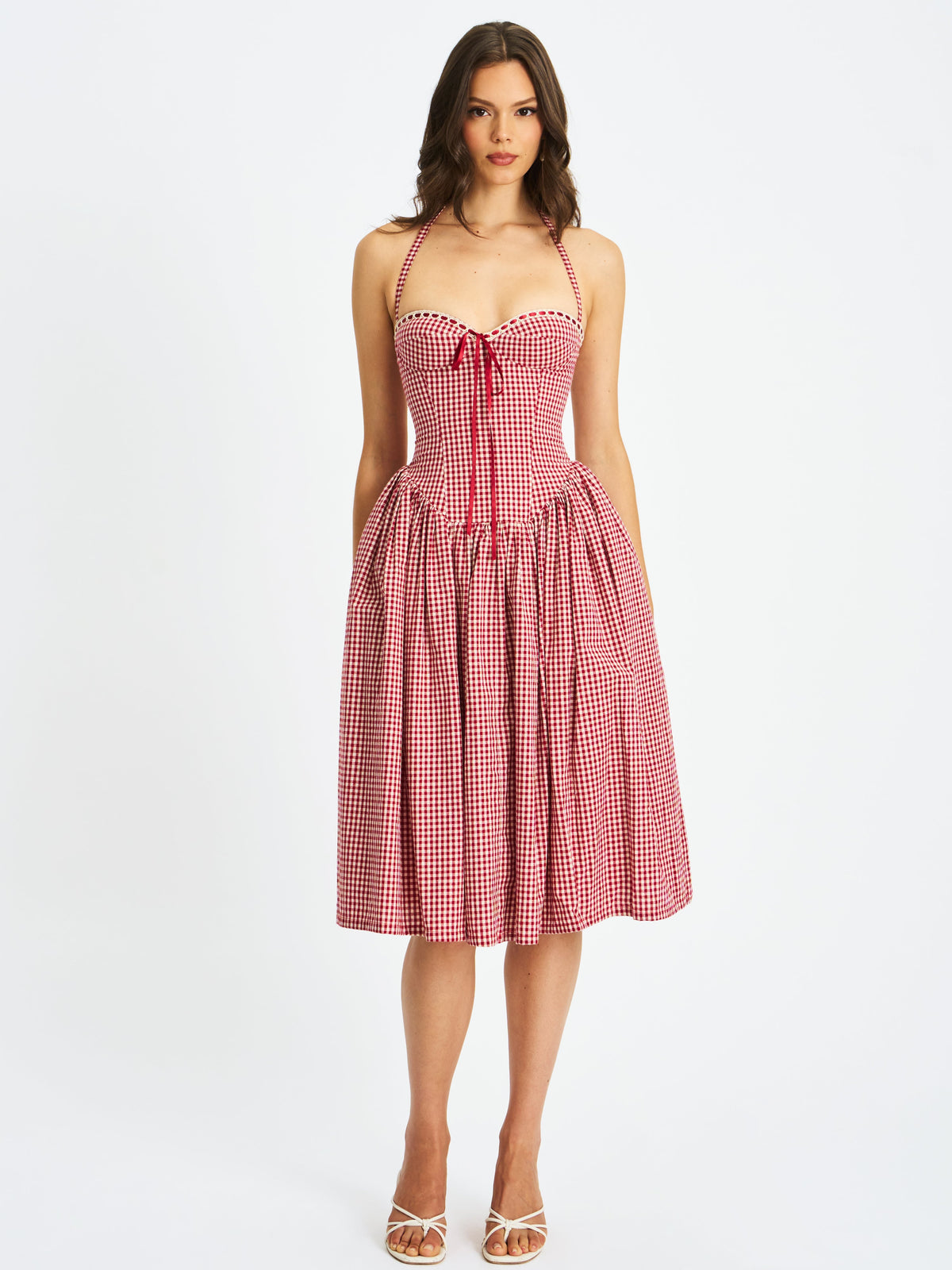 Susanna Red Cotton Gingham Drop Waist Midi Dress