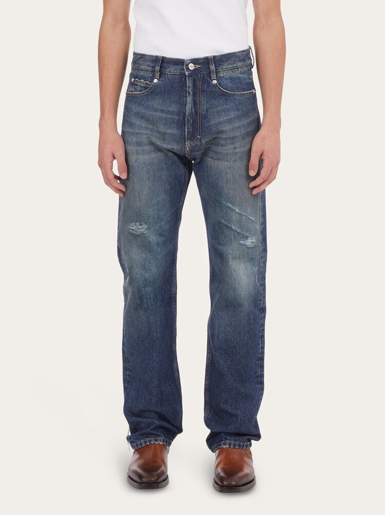 FERRAGAMO MEN'S DARK BLUE STRAIGHT TROUSERS