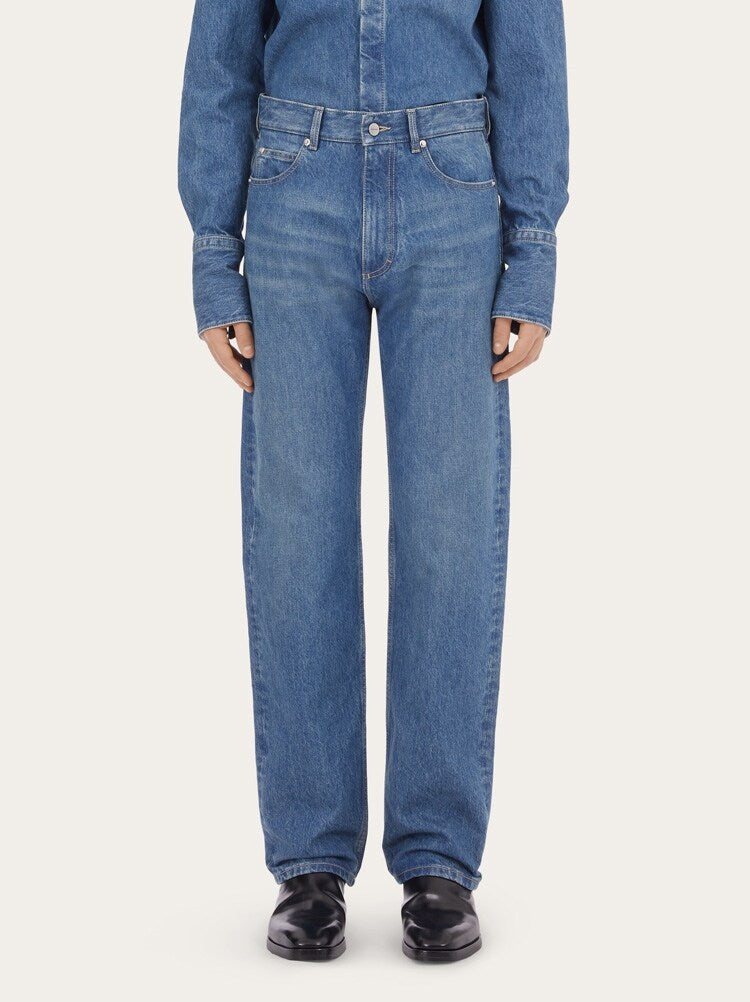 FERRAGAMO MEN'S BLUE COTTON STRAIGHT TROUSERS