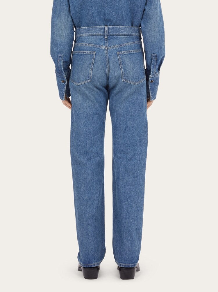 FERRAGAMO MEN'S BLUE COTTON STRAIGHT TROUSERS