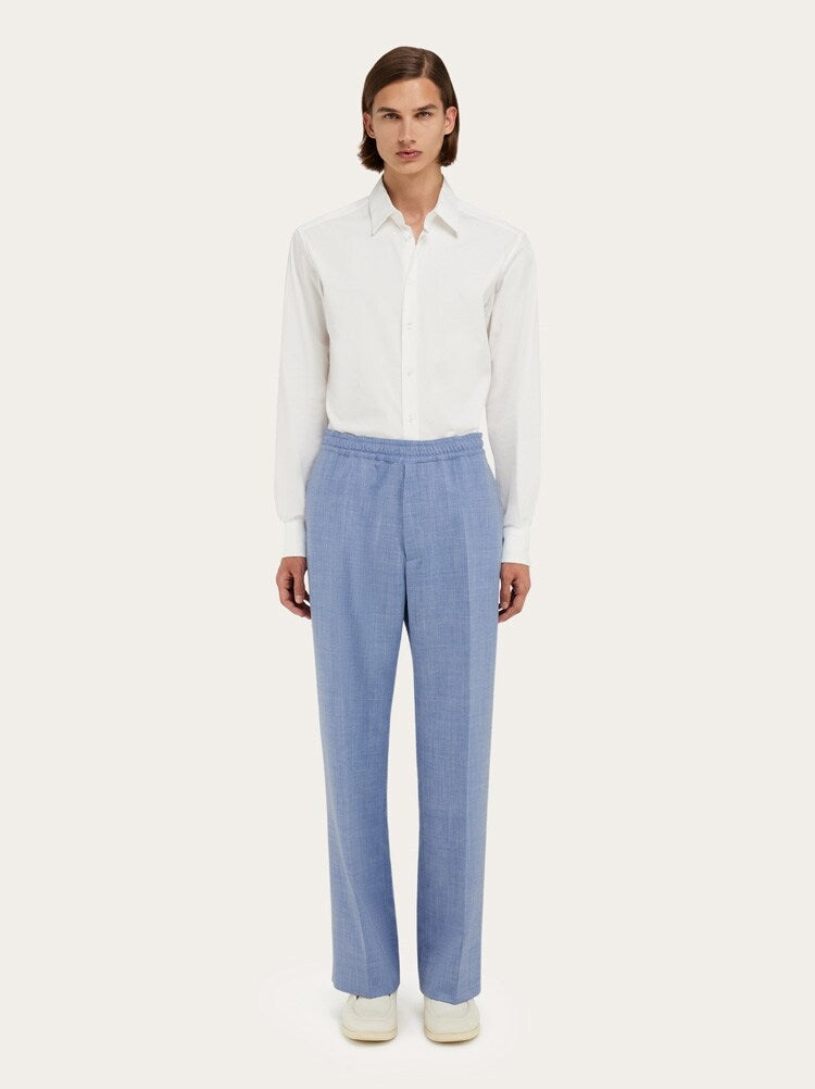 FERRAGAMO MEN'S LIGHT BLUE WOOL BLEND TROUSERS