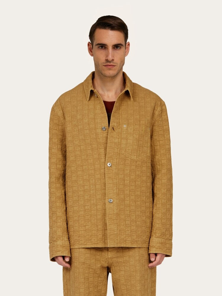 FERRAGAMO MEN'S CAMEL TEXTURED COTTON SHIRT