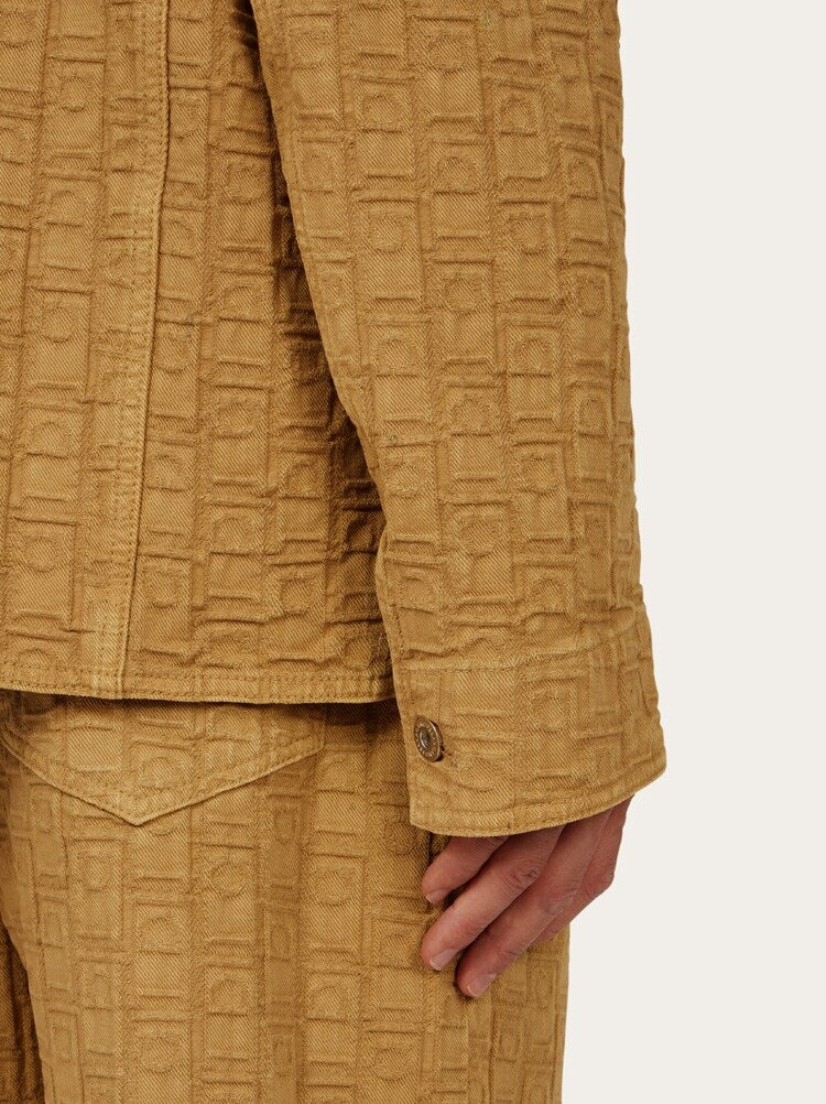 FERRAGAMO MEN'S CAMEL TEXTURED COTTON SHIRT