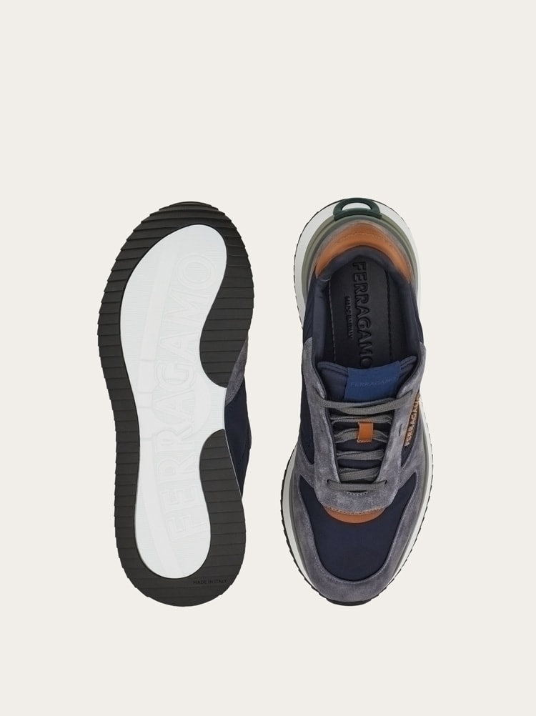 FERRAGAMO MEN'S NAVY MIXED MATERIAL SNEAKERS