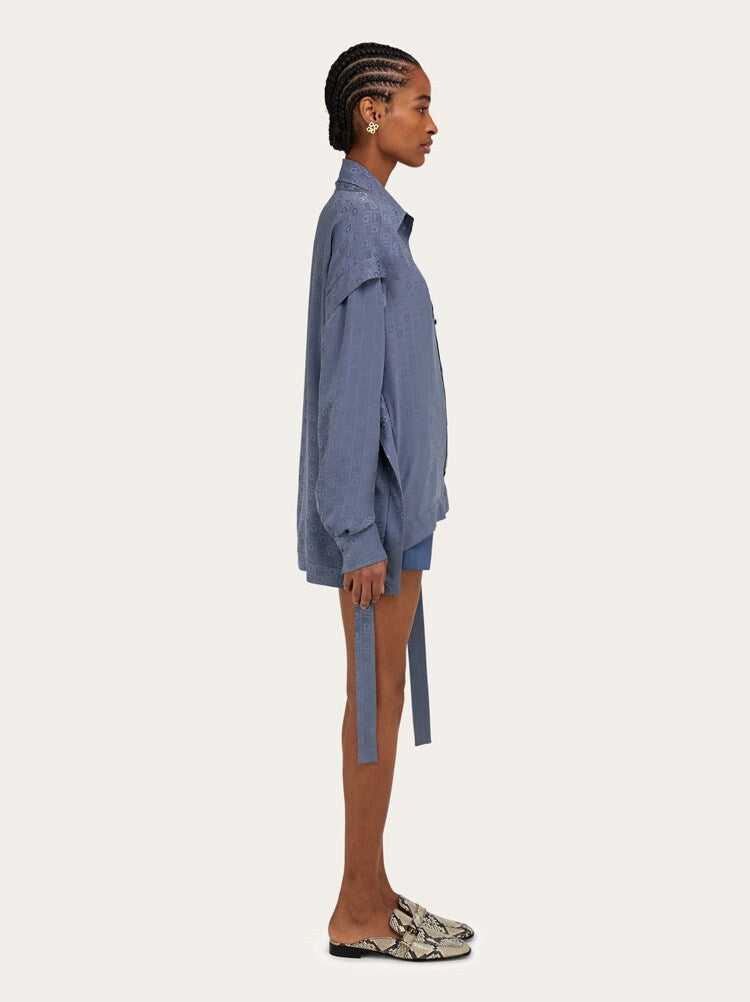 FERRAGAMO WOMEN'S BLUE SILK BELTED SHIRT