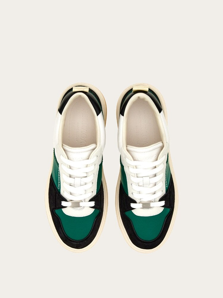 FERRAGAMO MEN'S GREEN LEATHER LOW SNEAKERS
