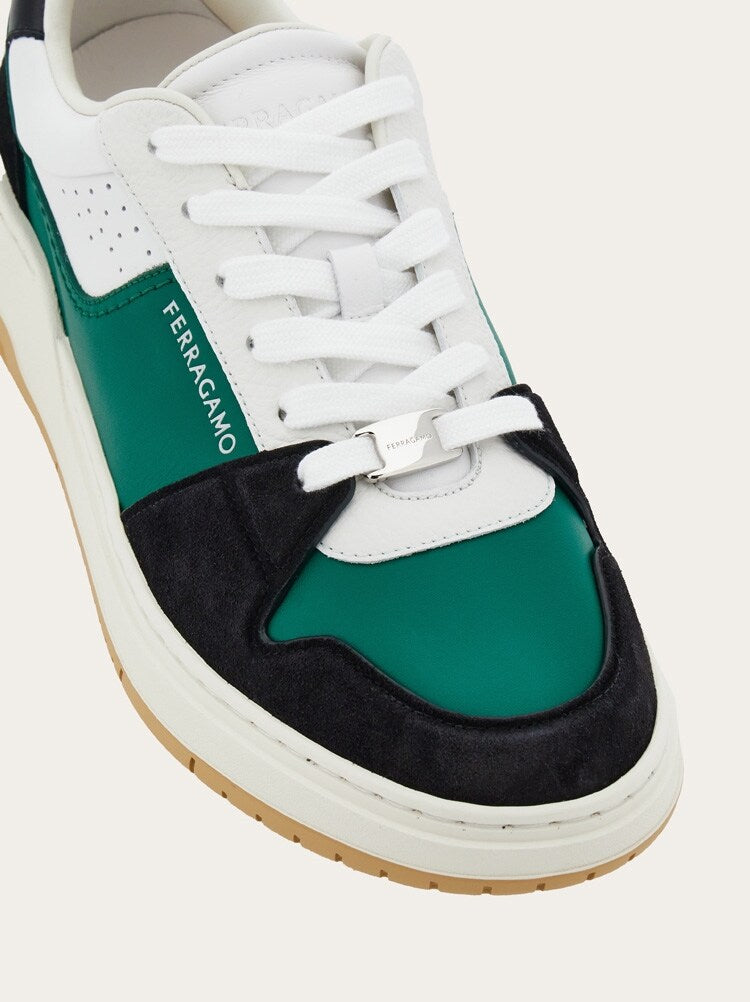 FERRAGAMO MEN'S GREEN LEATHER LOW SNEAKERS