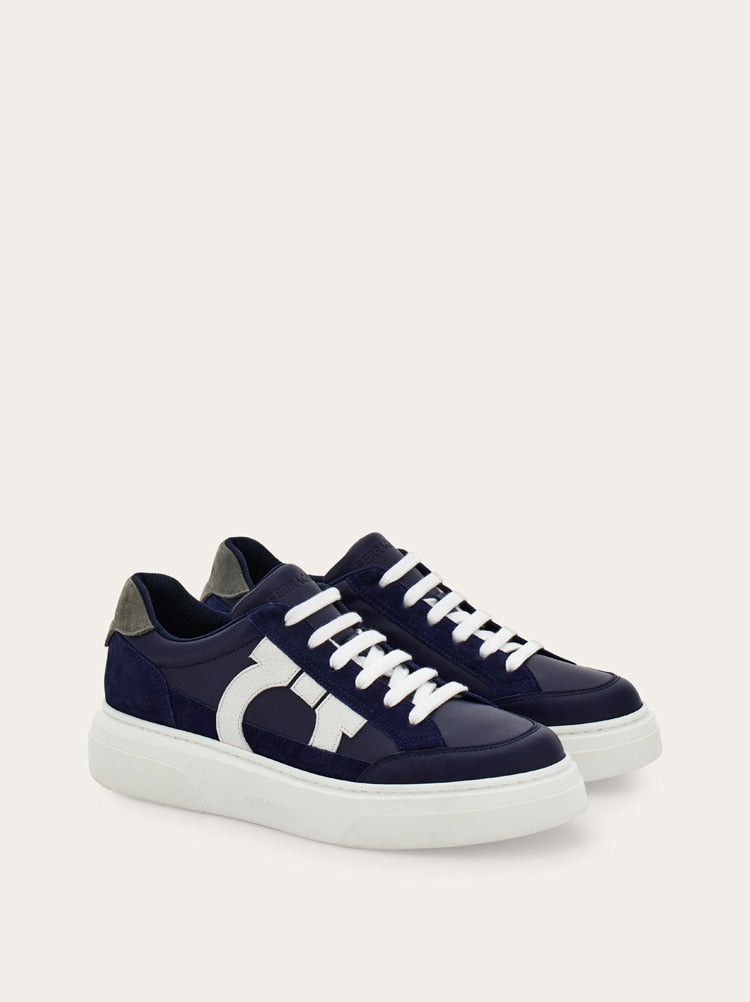 FERRAGAMO MEN'S NAVY LEATHER CALF SNEAKERS