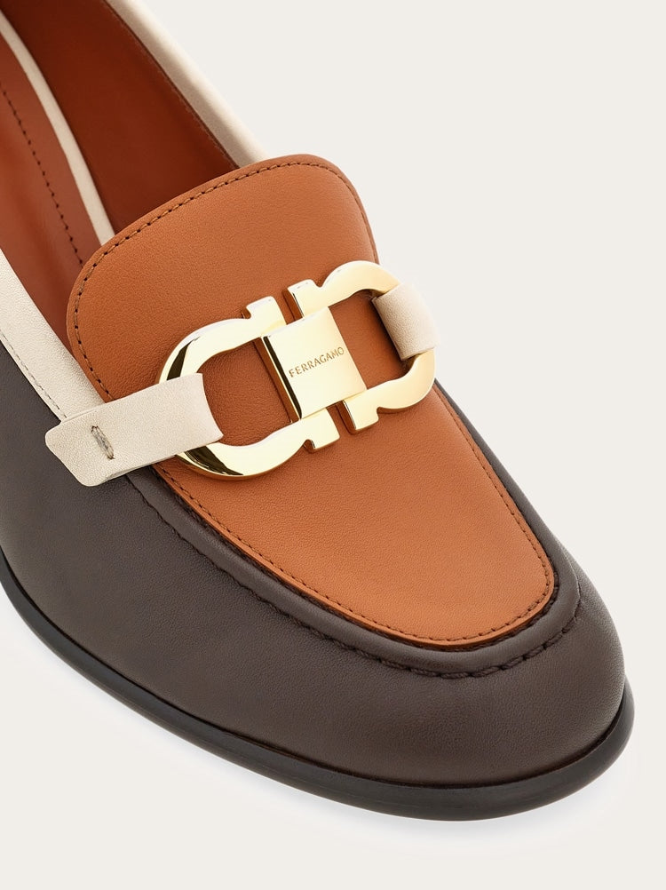 FERRAGAMO WOMEN'S BROWN LEATHER BLOCK HEEL SHOES
