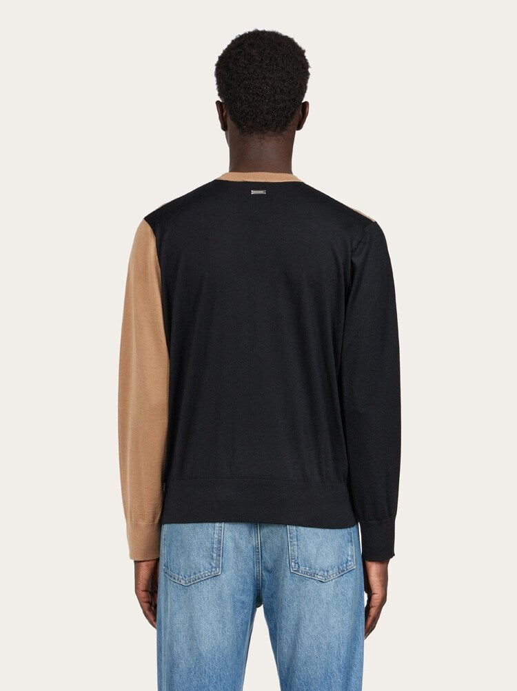 FERRAGAMO MEN'S BLACK BEIGE WOOL SWEATER