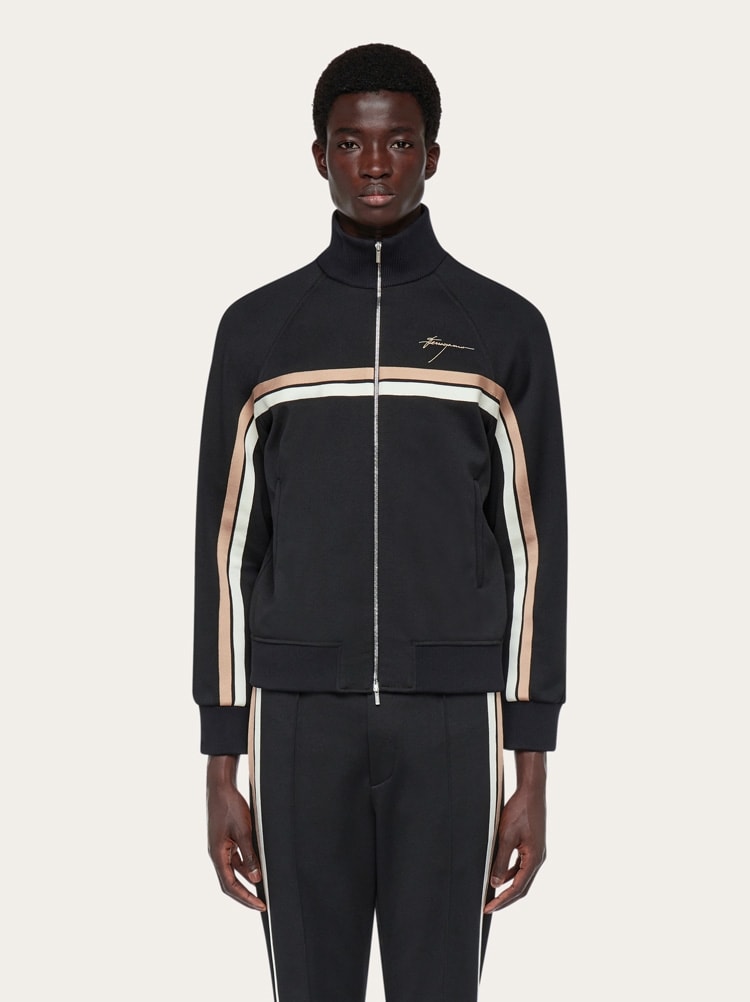 FERRAGAMO MEN'S BLACK STRIPED ZIP SWEATER