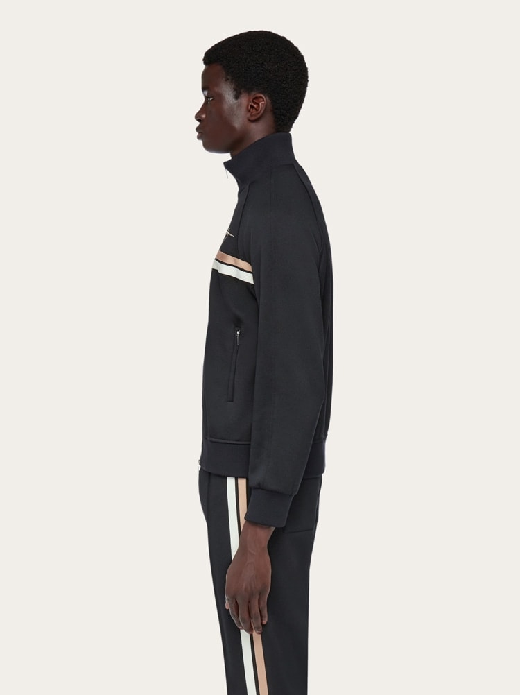 FERRAGAMO MEN'S BLACK STRIPED ZIP SWEATER