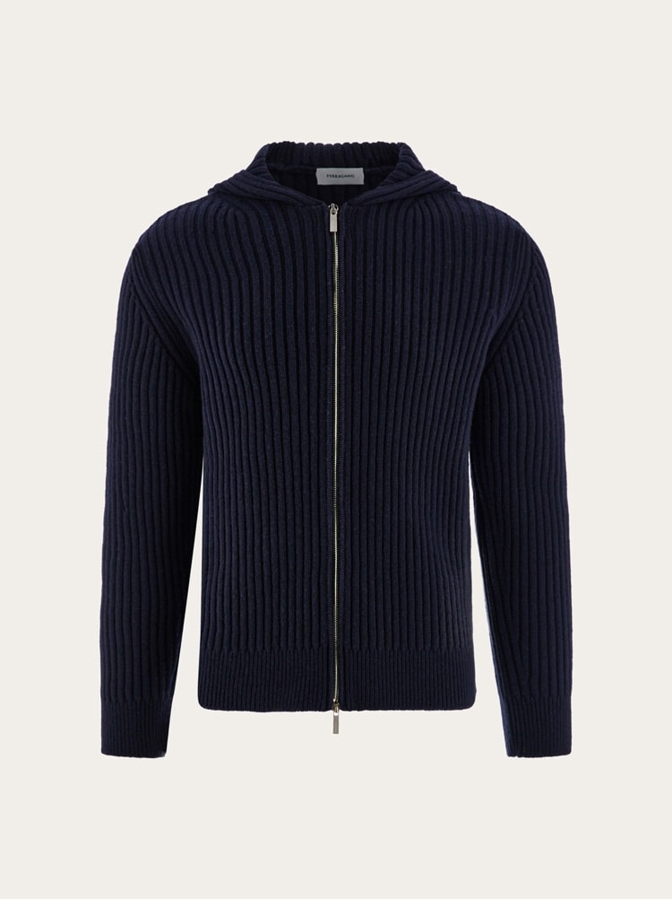 FERRAGAMO MEN'S NAVY WOOL ZIP SWEATER