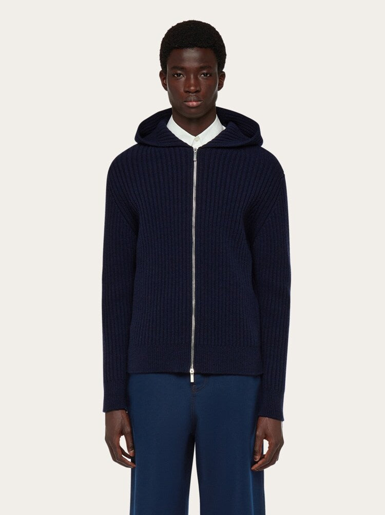 FERRAGAMO MEN'S NAVY WOOL ZIP SWEATER
