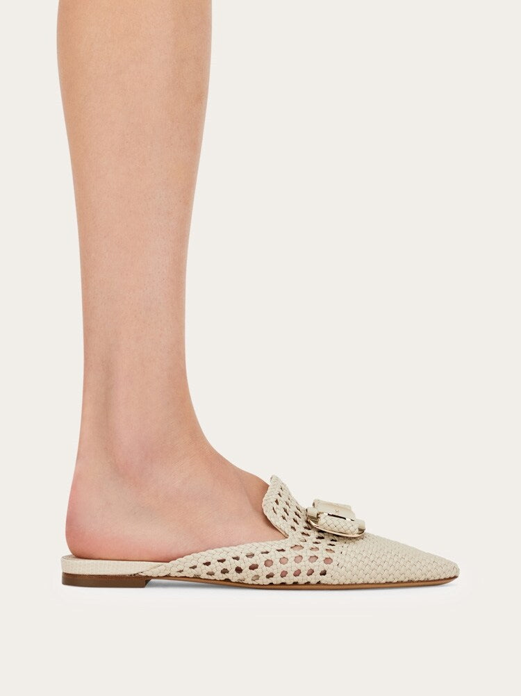 FERRAGAMO WOMEN'S BEIGE WOVEN LEATHER MULE SHOES