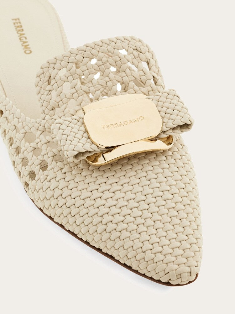 FERRAGAMO WOMEN'S BEIGE WOVEN LEATHER MULE SHOES